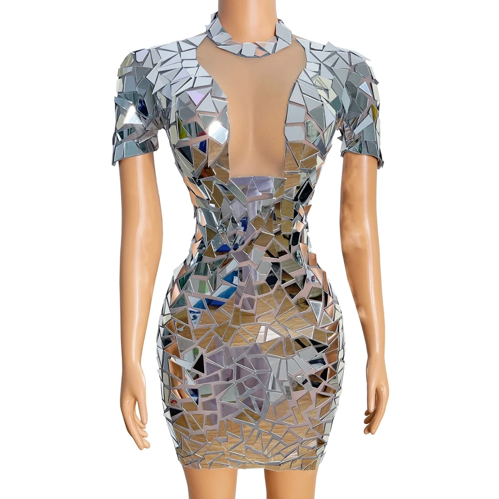 

Блестящее Сетчатое прозрачное короткое платье для женщин, сексуальное празднование, вечеринка, день рождения, фотосессия, выступление, шоу, одежда для сцены