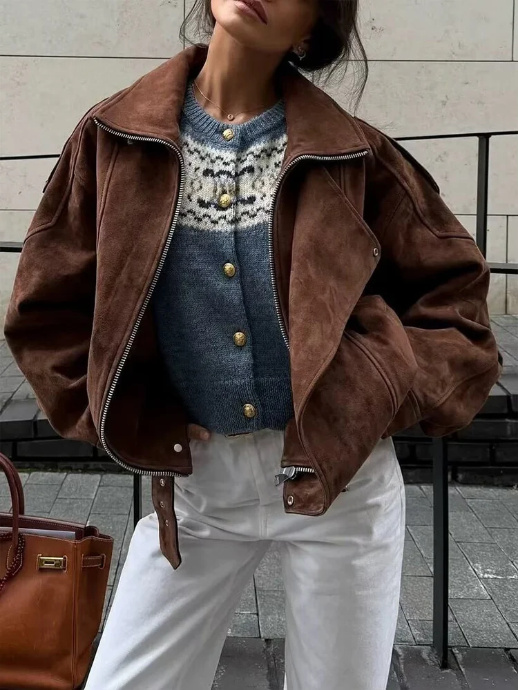 Women Suede Jacket 2025 New Fashion Long Sleeve Jackets Zipper Loose Coat Chic Vintage Female High Street Casual Outerwear ﻿