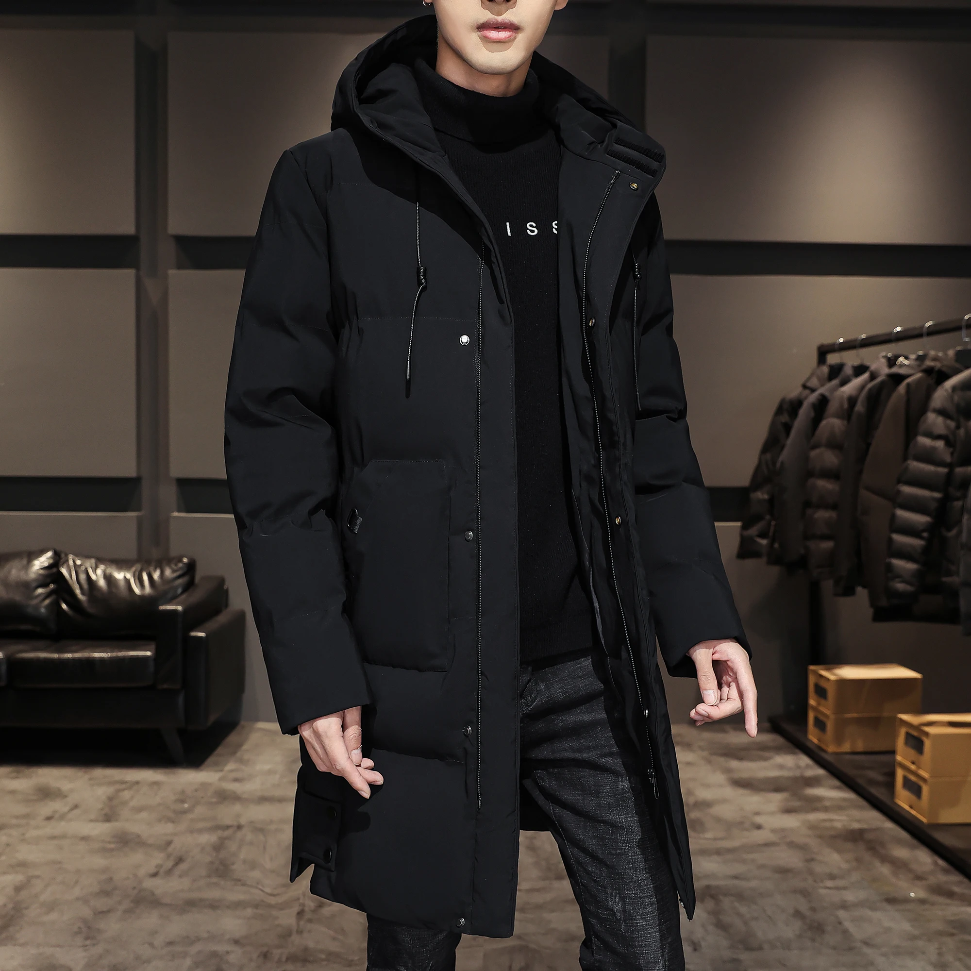 Long Cotton-padded Coat Warm Simple Solid Color Thin Look
