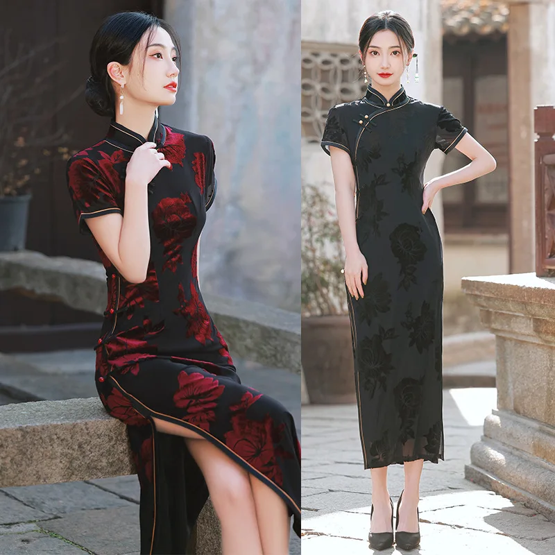 

Elegant Mandarin Collar Velour Long Style Cheongsam Women Chinese Short Sleeve Handmade Button Qipao Dress