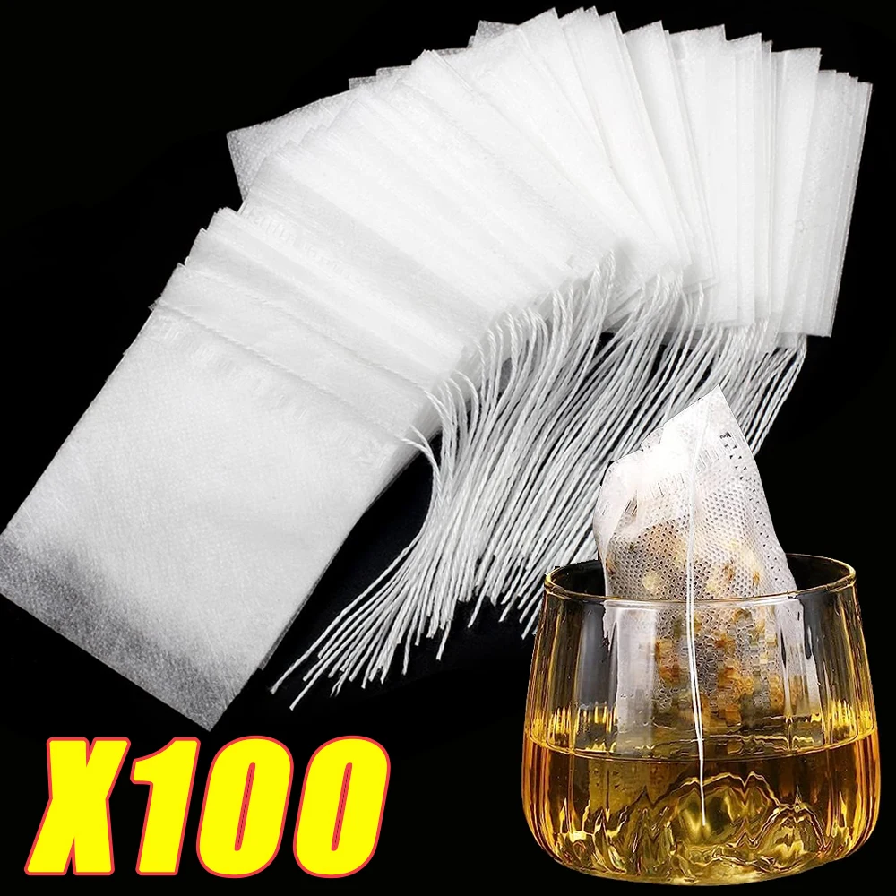 

100/50Pcs Disposable Tea Bags Non-woven Fabric Filter Bag For Spice Tea Infuser With Drawstring Heal Seal Teabag Kitchen Gadgets