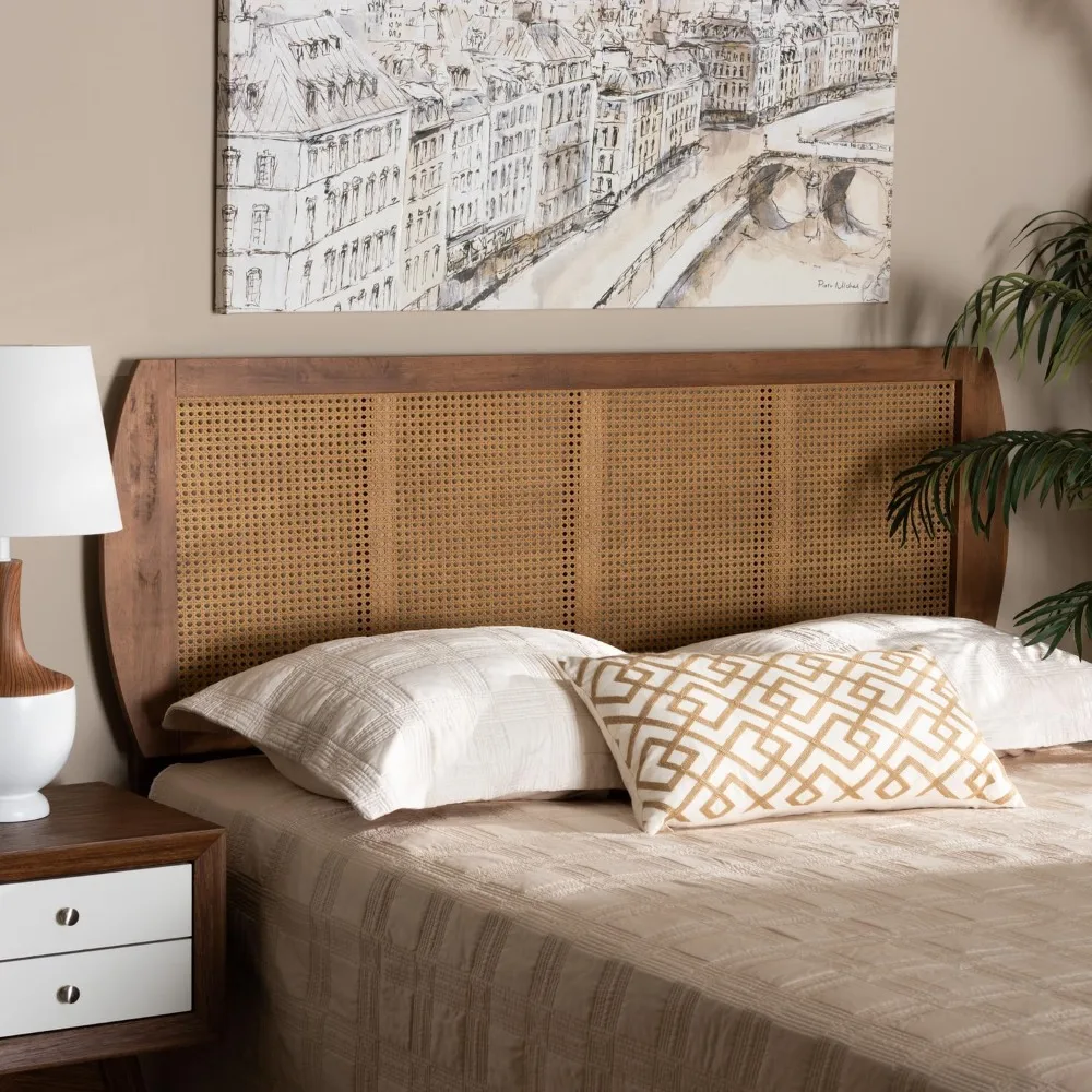 Victorian-Style Ash Walnut Wood Headboard with Vintage Rattan Finish