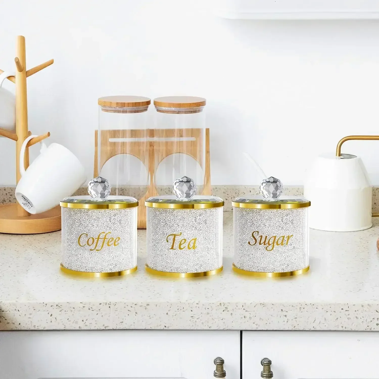 Sparkle Glass Crushed Diamonds Canister for Sugar Coffee Tea