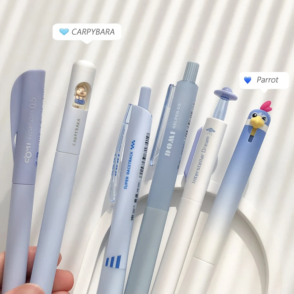 6 Pcs/Set Blue Design Gel Pen Set Quick-Dry Smooth 0.5mm Black Ink Pens for Student Exam Writing Study & Office Stationery