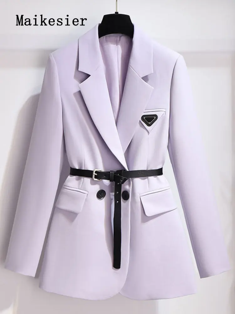 

Spring New In Outerwears Women Slim Fit Solid Double Row Button Fashion Belt Lapel Suit Coat Clothing Female Jacket Elegance Top