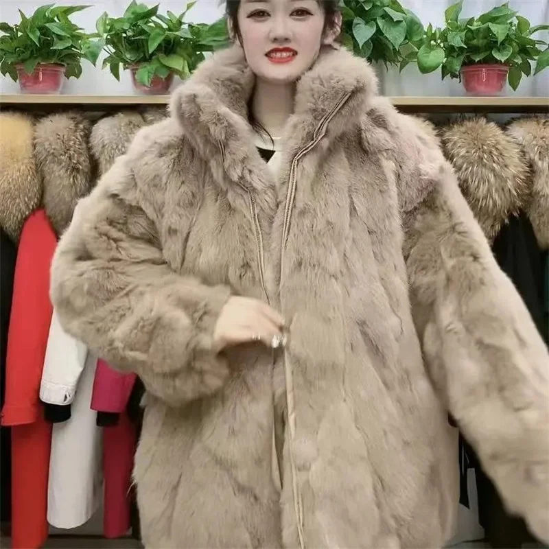 

2023 Autumn Winter Loose Korean Women's Winter Net red Rabbit Hair Medium Long Standing Collar Fashion Haining Two Fur Fur Coat