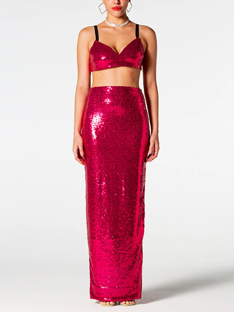 

BEVENCCEL 2023 New Summer Women's Red Short Top+Long High Waist Skirt Sexy Tight Sequins Two Piece Elegant Celebrity Party Set