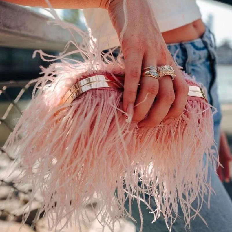 2022 Luxury Ostrich Feather Party Evening Clutch Bag Women Wedding Purses and Handbags Small Shoulder Chain Bag Designer Bag