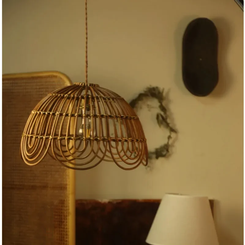 French Vintage Pendant Light Restaurant Decoration Ceiling Lamps Handmade Rattan Weaving Lamp For Bedroom Ambience Home Lighting