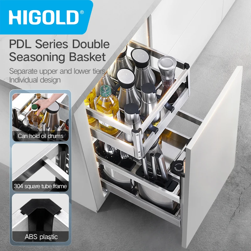 HIGOLD Seasoning Pull Out Basket Kitchen Kitchen Cabinet 304 Stainless Steel Double Pull Basket
