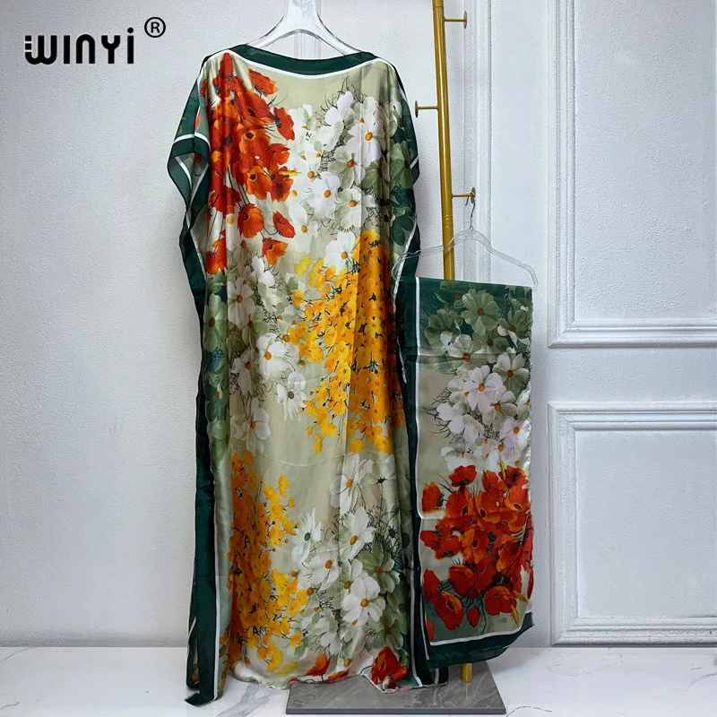 

WINYI 2024 New African Women Dashiki boho print muslim woman dubai Free Size Design With Scarf Maxi Loose African Elegant Dress