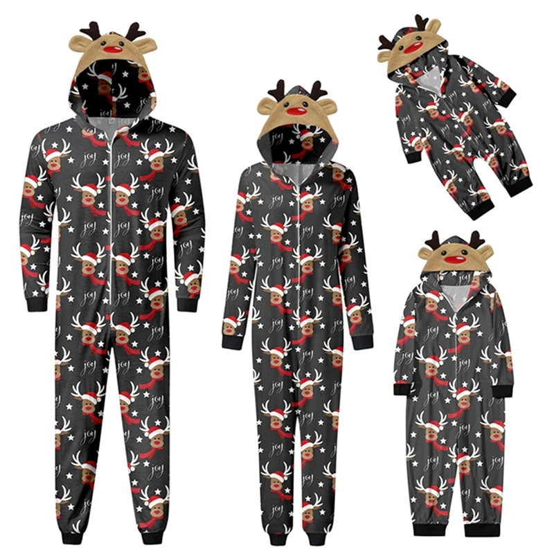 Combhasaki Family Matching Christmas Pajamas Loungewear Long Sleeve 3D Elk Antler All-over Print Hooded Romper Zip Up Jumpsuits 5
