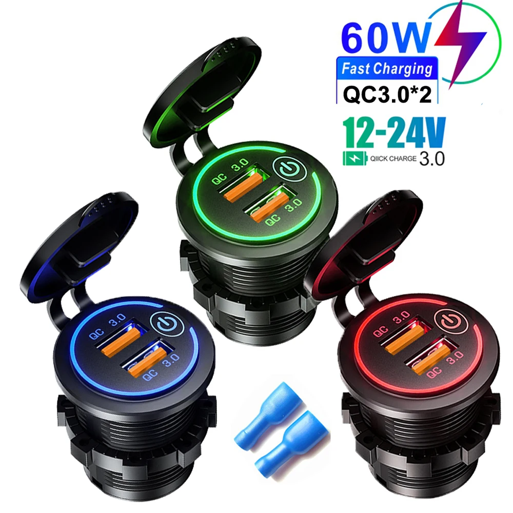 

Quick Charge 3.0 Dual USB Car Charger Socket 12V/24V 60W Dual USB Car Motorcycle Socket Power Outlet Charge Adapter Waterproof