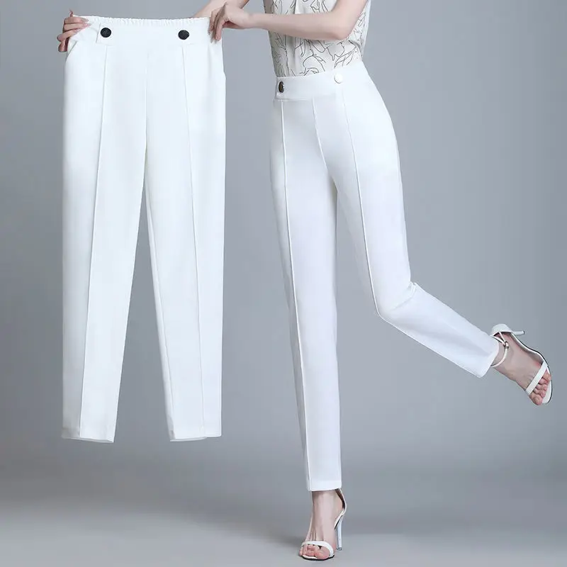 thumbnail image 1 of Pantalones de oficina a la moda para mujer, color liso, combinables con todo, para primavera y otoño, con banda elástica, cintura alta, ajustados, informales, largos y rectos., 1 of 5