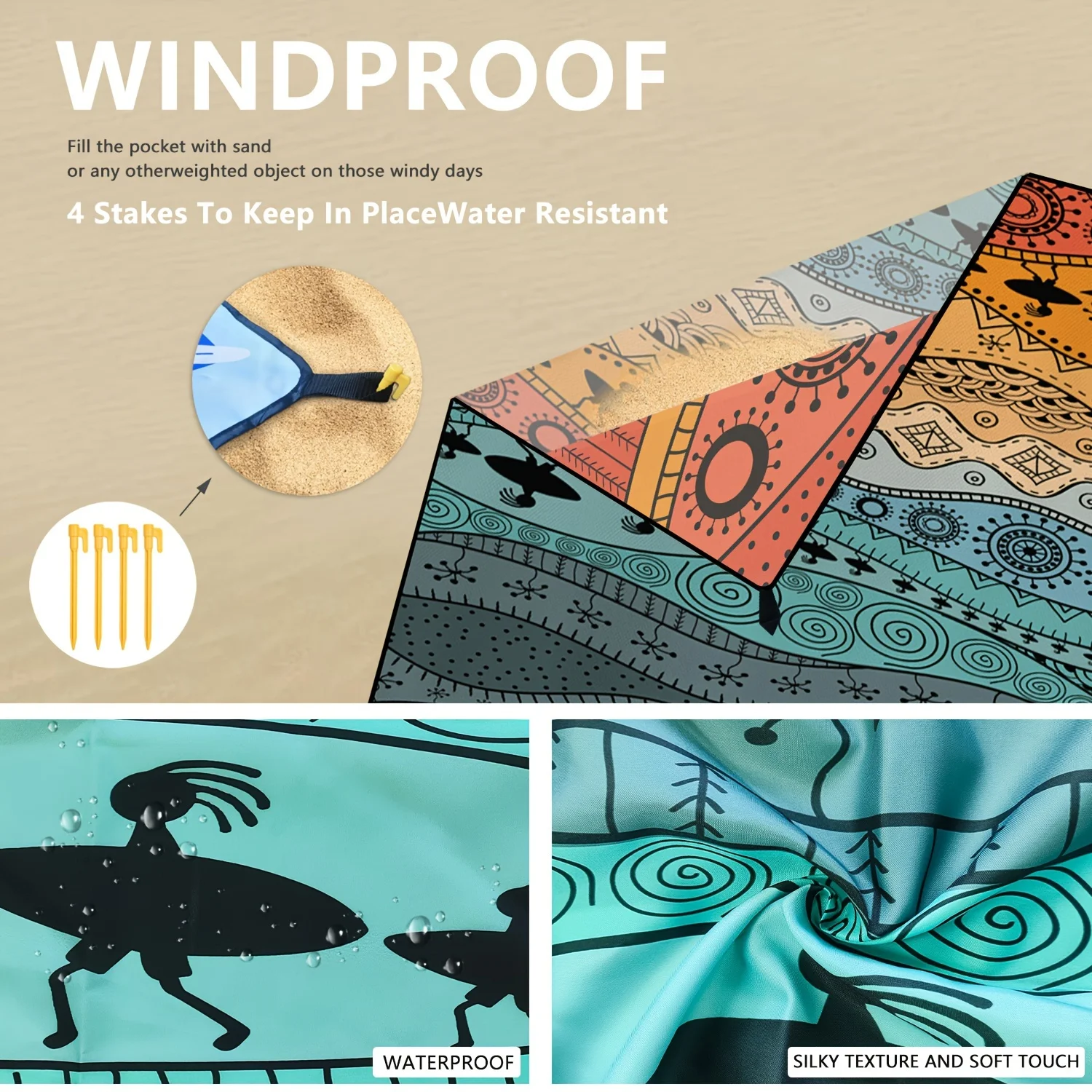 Beach Blanket Waterproof Sandproof, Large Beach Mat with 4 Stakes, 70''×86''  Lightweight  Picnic Blanket for Travel, Camping 2