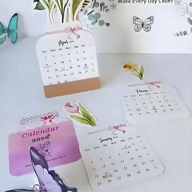 2026 블루미 플라워스 데스크 캘린더 미니 캘린더 스탠딩 데스크 캘린더 꽃병 모양의 데스크탑 월간 플래너 홈 스쿨 오피스용