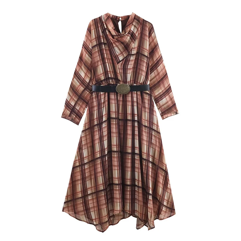 2025 Pleated Long Dresses for Women Fashion Plaid Printed Belt Dress Woman Vintage Party Womens Dresses Autumn Casual Dress ﻿
