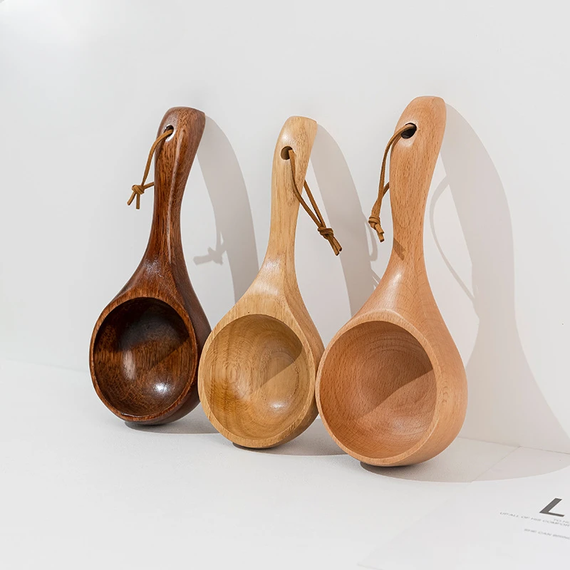 Wooden Scoop Spoon Creative Japanese Style Household Whole Wood Long Handle Dry Rice Spoon Practical Wooden Measuring Spoon Water Ladle