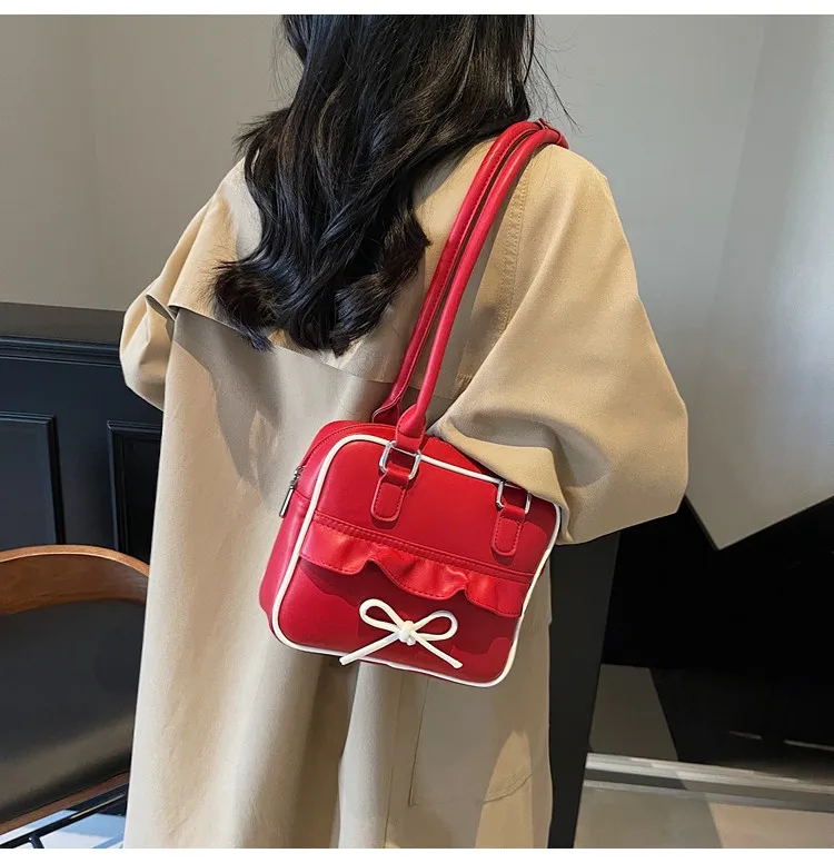 JIAERDI High Street Bow Red Shoulder Bags Women 2025 New Versatile Pu Leather Y2k Handbag Female Square Underarm Bag Aesthetic