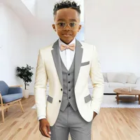 Ensemble de costume formel ivoire pour garçon, 3 pièces (veste + gilet + pantalon), revers cranté, smoking pour enfants de 2 à 16 ans, pour mariage, bal de promo, fête 2