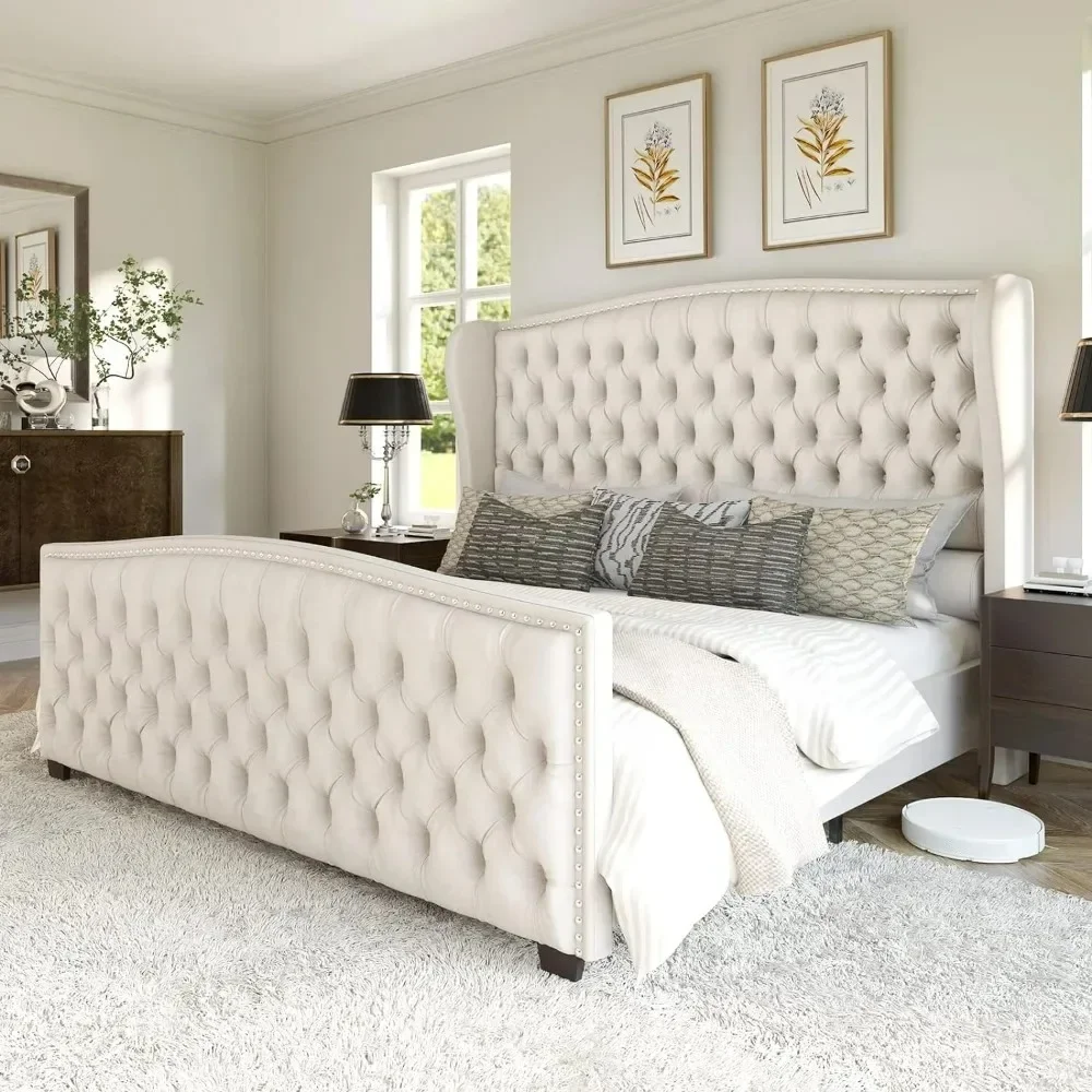 Bed Frame, Velvet Upholstered Bed with Deep Button Tufted & Nailhead Trim Wingback Headboard/No Box Spring Needed, Frame