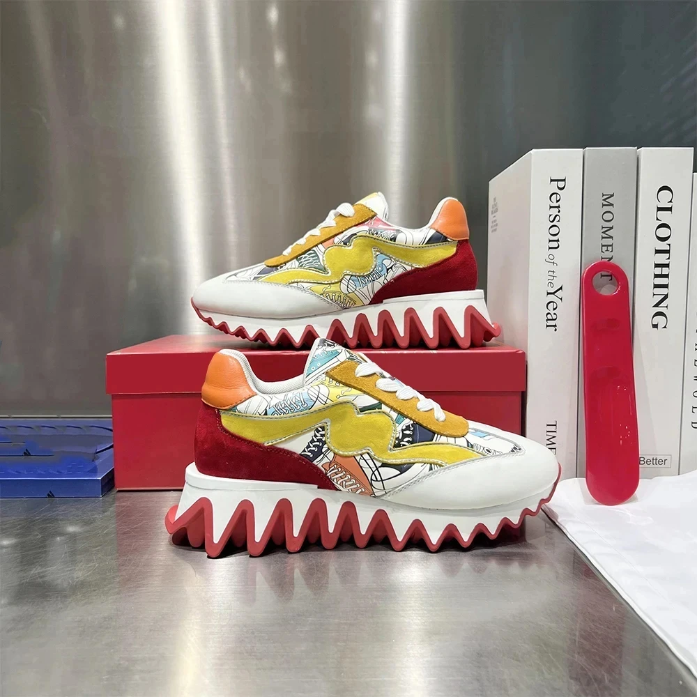 Couple Rivet Graffiti Thick Clunky Platform Dad Sneaker Shark Teeth Shaped Stitching Lace-Up Men Red Sole Comfort Slip-on Shoes