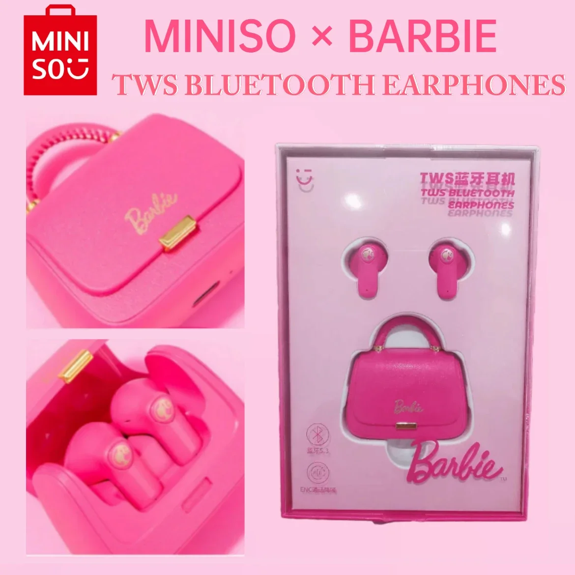 

MINISO Barbie Series Pink Creative Handbag Style TWS Wireless Bluetooth Headphones Long-lasting Battery Life Girls Holiday Gift