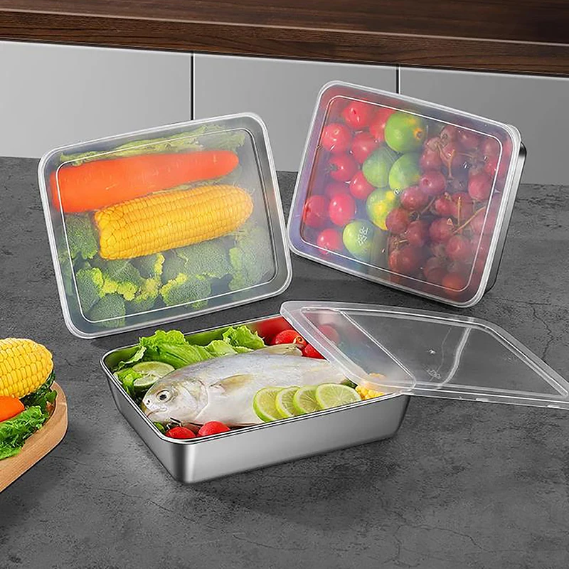 

1pc Stainless Steel Square Plate With Lid Rectangular Food Storage Pan Commercial Dish Tray Large Refreshing Lunch Box Container