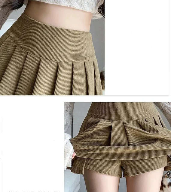 Zoki Corduroy Women Pleated Skirt Y2K High Waist Korean