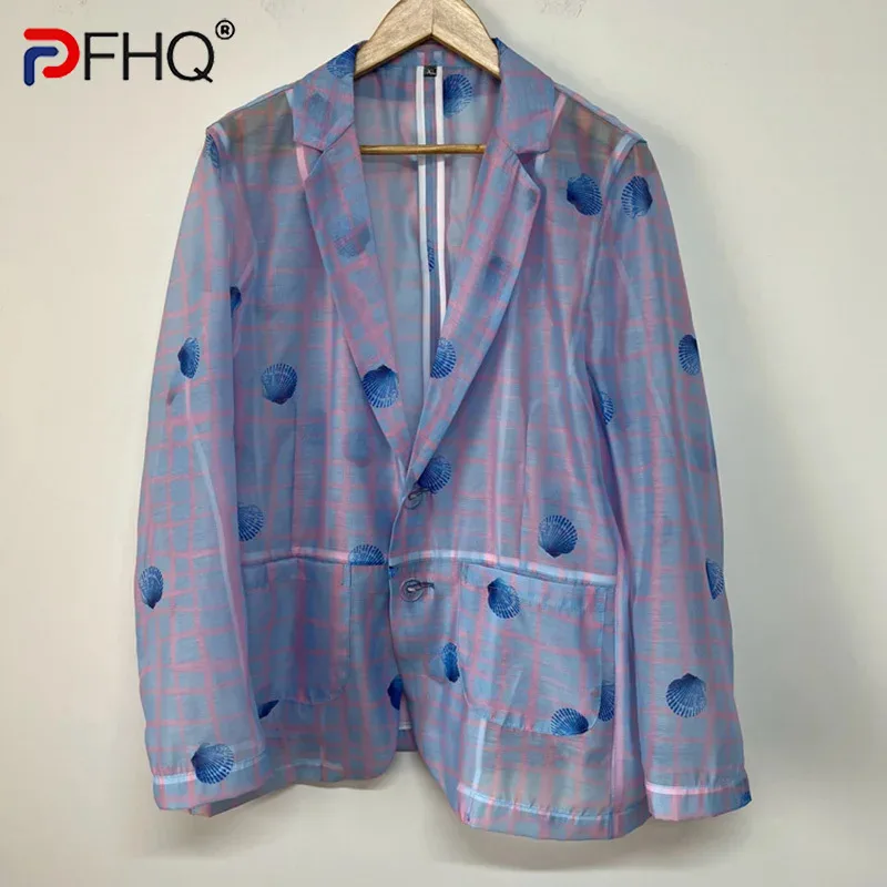 

PFHQ Men's Blazers Summer Print Single Breasted Transparent Organza Sun Protection Casual Loose Male Suit Jackets Chic 21Z4570