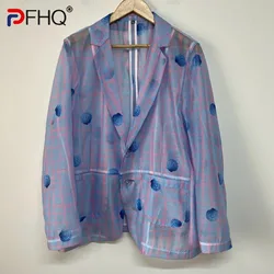 PFHQ Men's Blazers Summer Print Single Breasted Transparent Organza Sun Protection Casual Loose Male Suit Jackets Chic 21Z4570