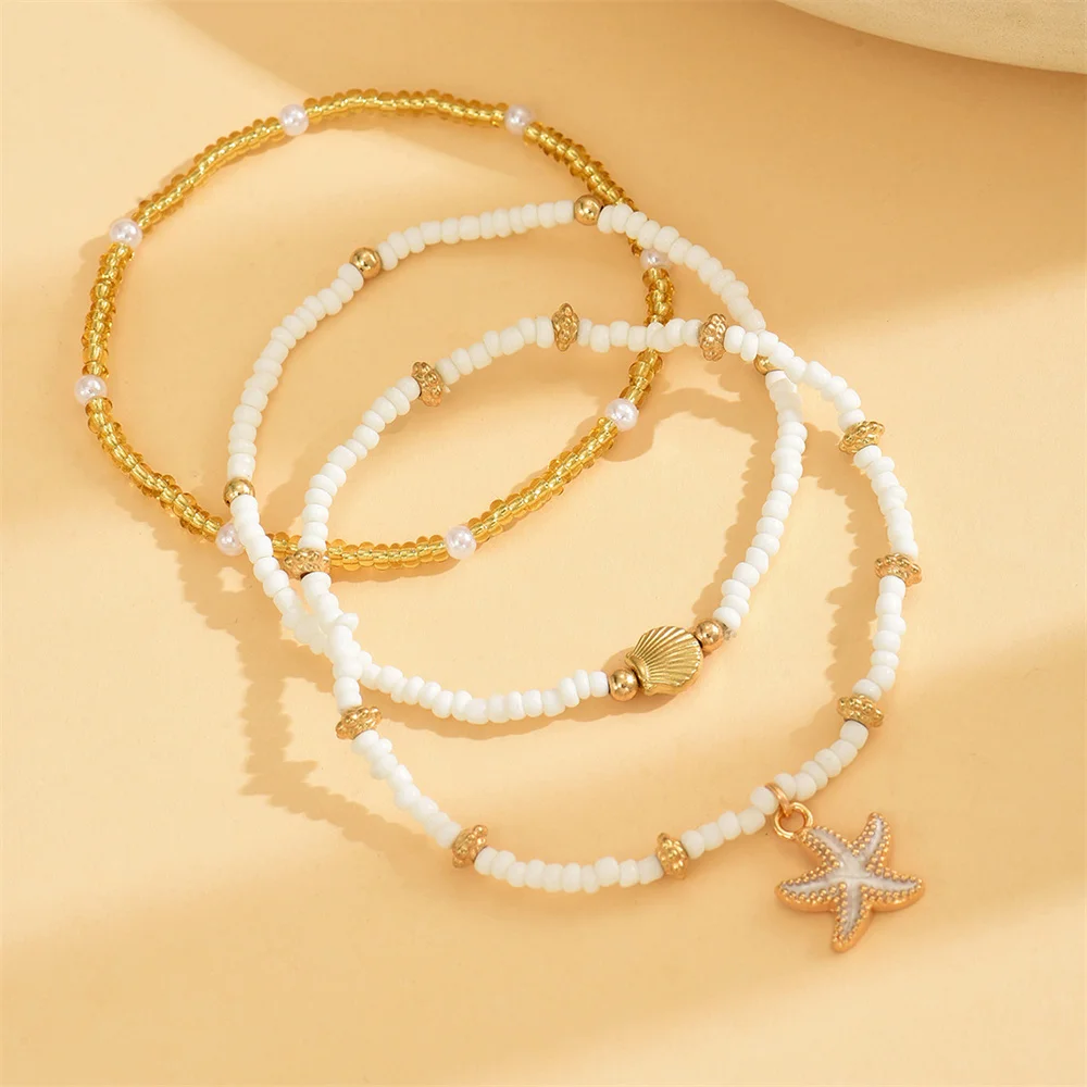 Cute Starfish Shell Rice Bead Multilayer Anklets For Women Gold Color Foot Chain Ankle Bracelet Beach Jewelry Summer Accessories