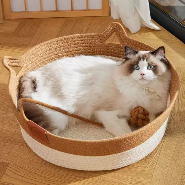 Japanese Pet Cat Bed Round Hand Woven Rattan Cat Beds Summer Cooling Kitten Basket Cotton Rope Cat Scratching Baskets 2