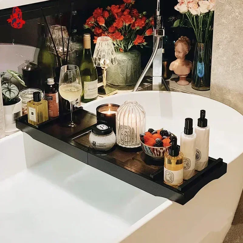 Extendable Bamboo Bathtub Tray Caddy, Bath Tub Organizer with Nonslip Bottom, Wine Tablet Holder for Relaxing Spa
