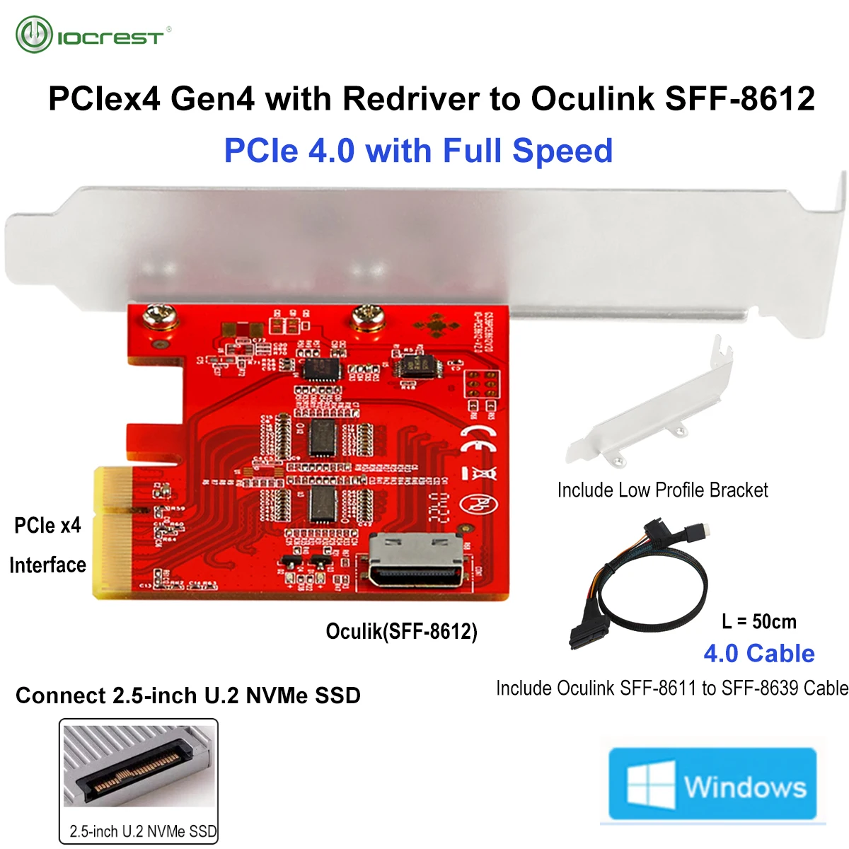Iocrest-adaptador de Cartão Adicional Pcie 4.0×4 Gen4 com Redriver para Oculink 4i Sff8612 Conexão de Velocidade Total 25 U.2 Nvme Ssd
