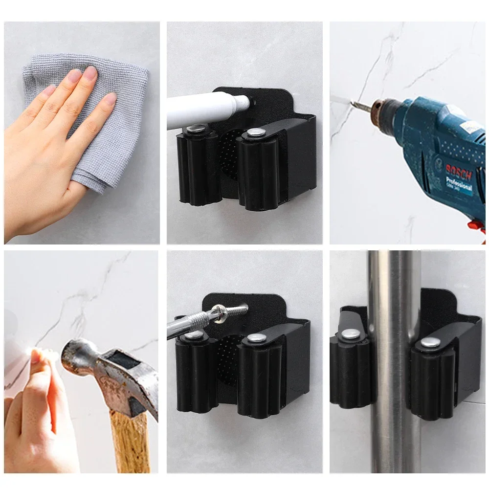 10/1x Self-Adhesive Mop Holder Clips Stainless Steel Drilling Mop Broom Holder Rack with Screw Kitchen Bathroom Organizer Shelf 6