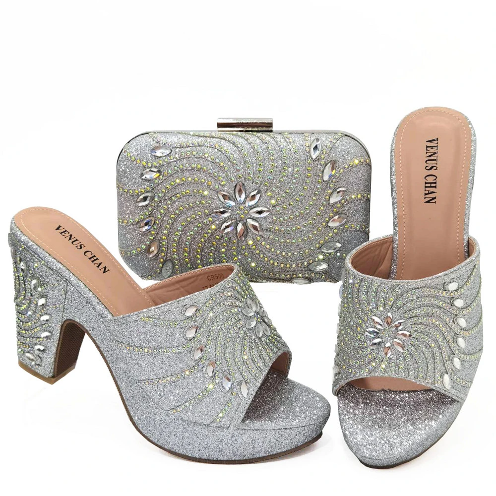 

doershow Italian silver Shoes And Bag Sets For Evening Party With Stones Italian Leather Handbags Match Bags! SJK1-25