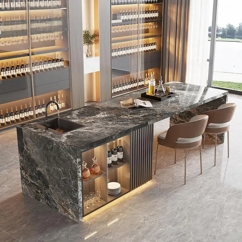 ​ ​ ไอส์แลนด์ครัวหินอ่อนแบบเคลื่อนย้ายได้ทันสมัย พร้อมโต๊ะรับประทานอาหาร อ่างล้างจานในตัว ตู้เก็บของ 2 ชั้น ดีไซน์สวยงามสำหรับครัวแบบเปิด ​ ​ 1