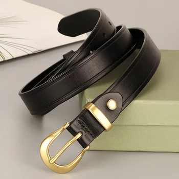Cinture da donna in vera pelle di vacchetta pura da 2,4 cm Jeans di alta qualità Cinture con fibbia in ottone Cinture firmate da cowboy per donna di lusso 1