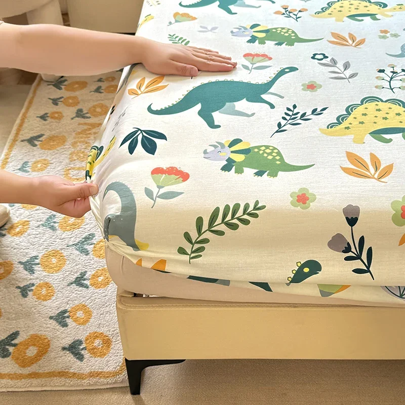 Cartoon Dinosaurs Fitted Sheet Set 3Pcs Cotton Kawaii Mattress Cover Wild Animal Flower Leaf Bedding Set for Boys Girls Adult 4