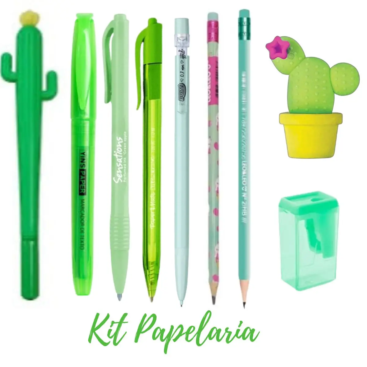 Kit Papelaria Fofa Cacto Kawaii Lapis Borracha Apontador Caneta Fofas