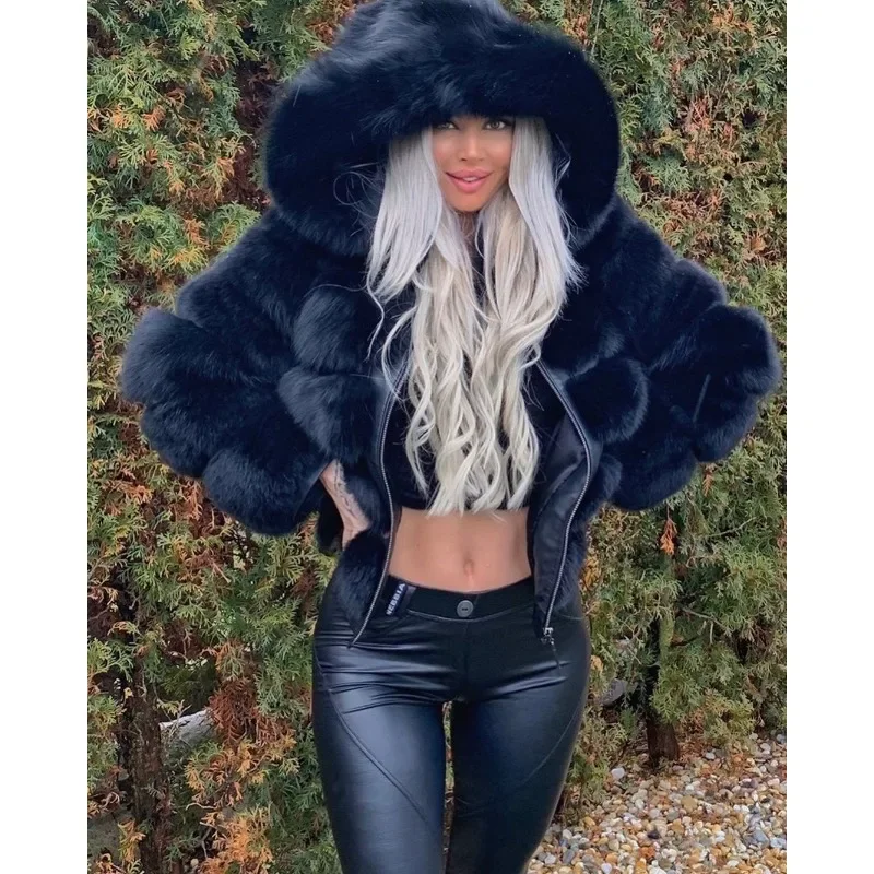 Faux Fur Coat European and American Style Fashion Long Sleeved Solid Color Hooded Autumn and Winter Warm Coat for Women