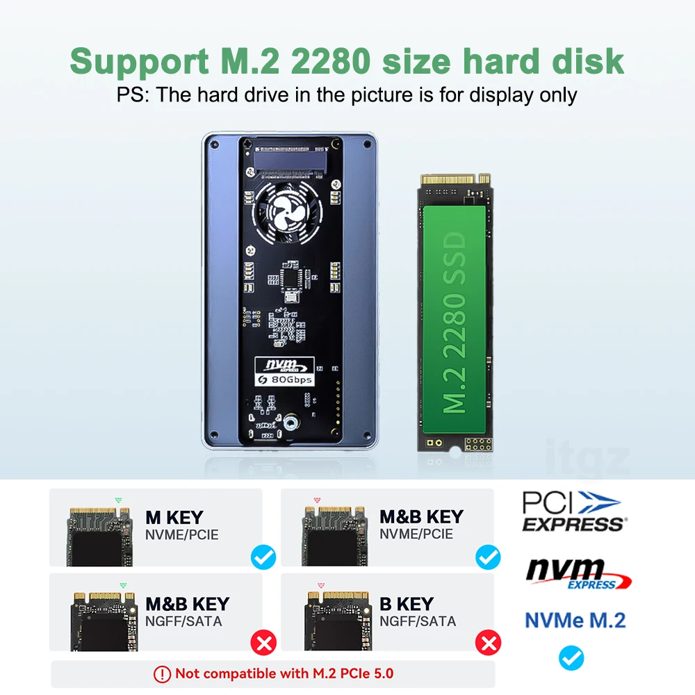 ITGZ 80Gbps Thunderbolt 5 M.2 NVMe SSD Enclosure with Fan Cooling JHL9480 Chip for Thunderbolt 5/4/3 M.2 NVMe SSD For Mac/PC