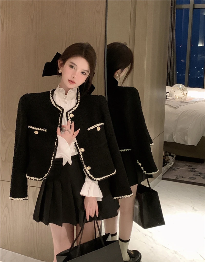 Vintage Tweed Jackets Women Elegant Black Cropped Suit Coat Korean Thicken Blazer Single Breasted Short Outerwear Tops New