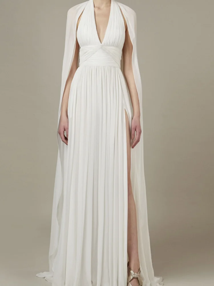 

Women Elegant Maxi Dress New V Neck Long Sleeve A Line Evening Dresses Fashion Runway Designer Sexy Party Vestidos Female