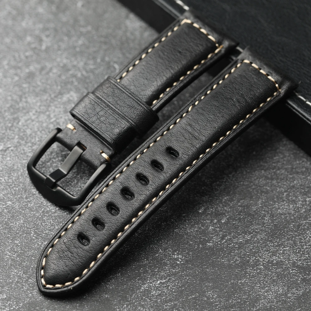 Handmade Retro Black Leather Watchband - Head Layer Cowhide Strap
