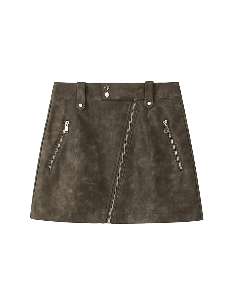 

Womens 2023 Fashion Faux Leathe Short Skirts Girls Autumn Oblique Zipper Fly High Waist Streetwear Pu Mini Skirt Femme