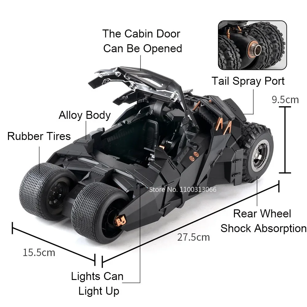 1:18 Batmobile Toys Alloy Models Cars Rubber Tires Miniature Vehicle Spray Version Cabin Door Opened Car for Kids Birthday Gifts 2