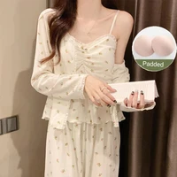 Pajamas Female Long-Sleeved Spring And Autumn Suspenders Trousers Three-Piece Set With Cushion Sweet Pajamas Homewear Suit - Image 3