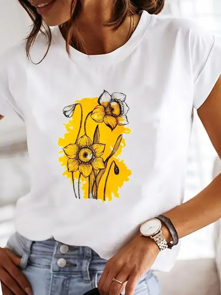 

Casual T-shirts Fashion Lady Graphic Tee Clothes Short Sleeve T Watercolor Flower Floral Trend 90s Clothing Print Women Female